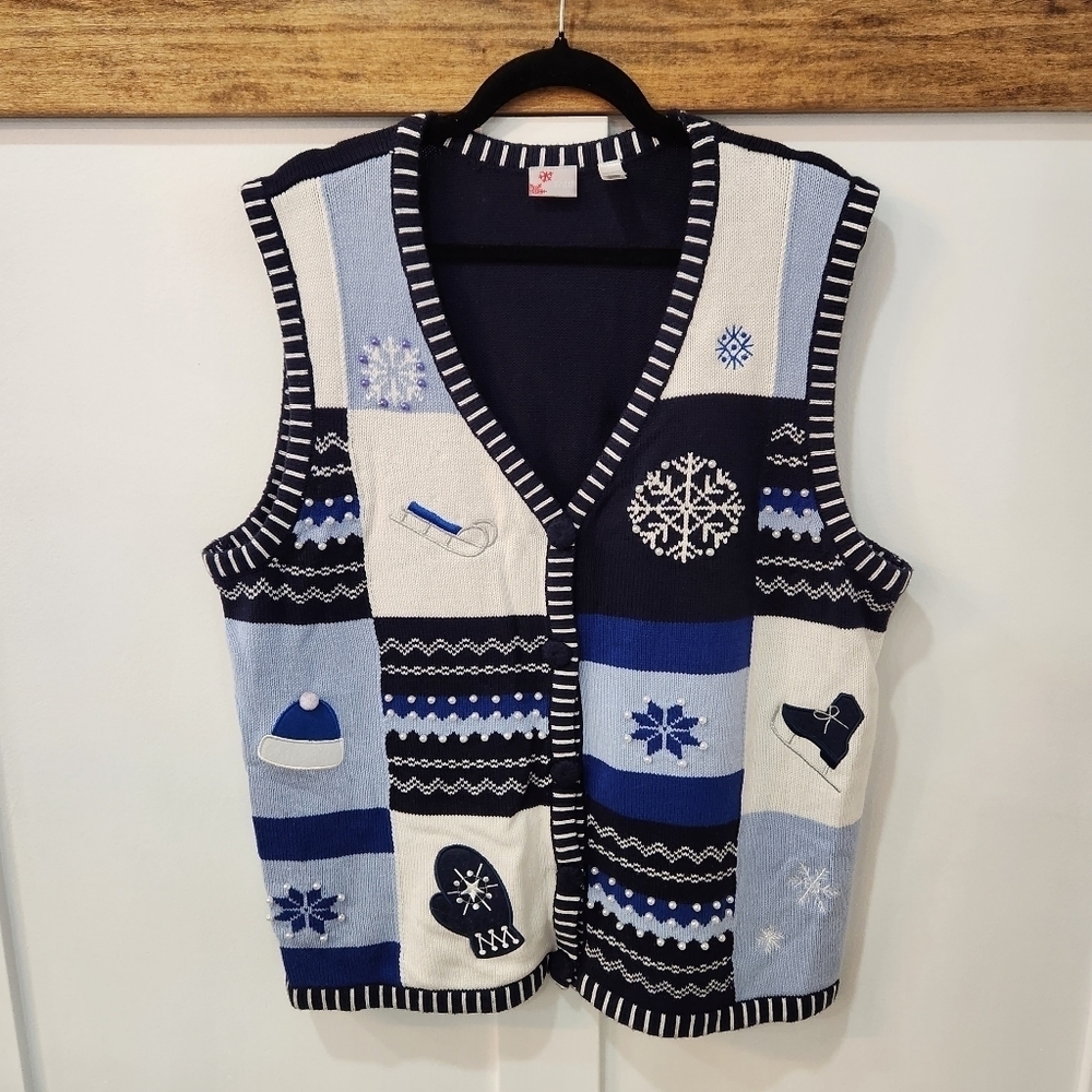 HOLIDAY Editions Womens Christmas Vest  XXL Knit Vest Cardigan Embroidered Blue